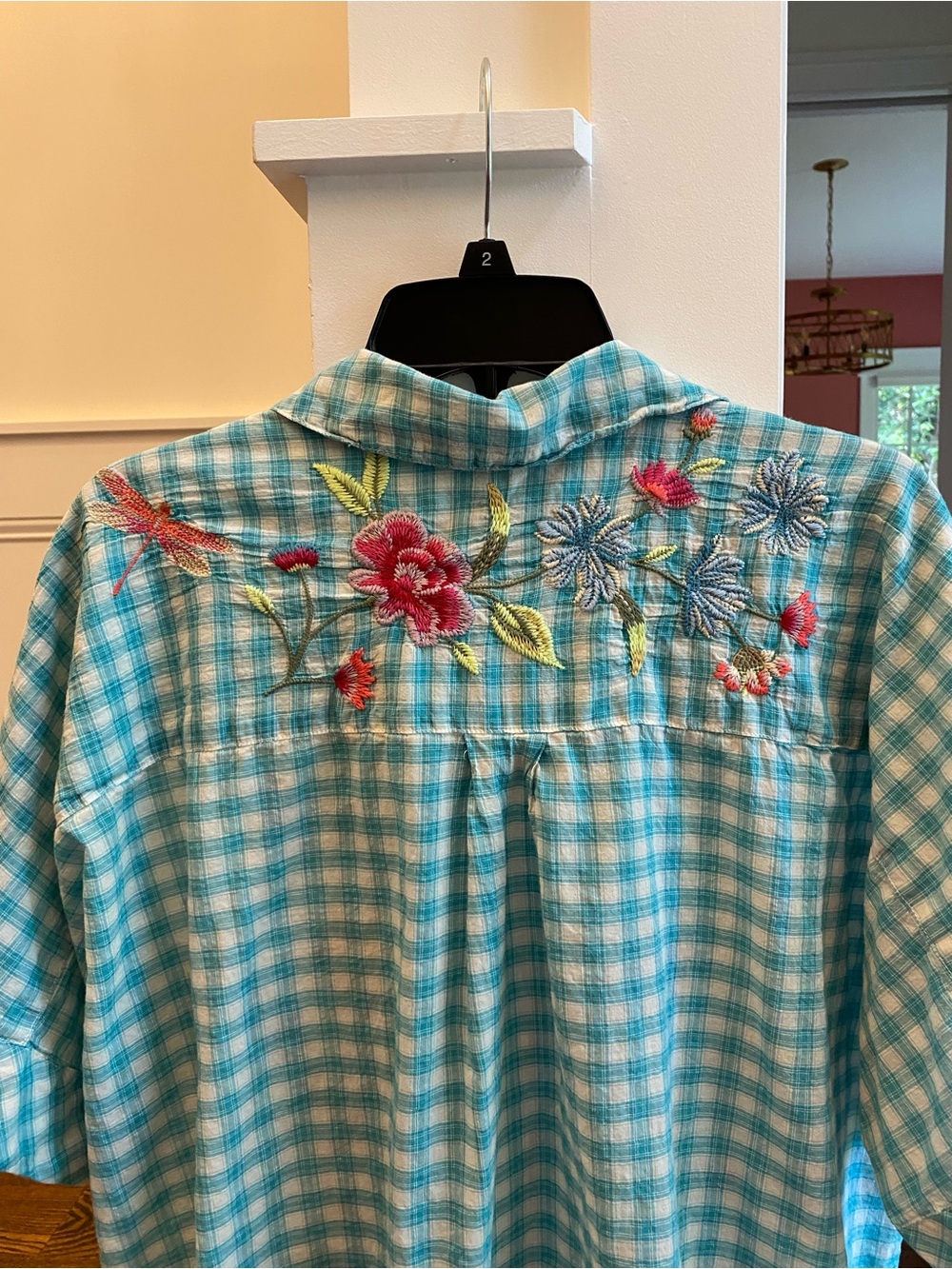 Johnny Was Turquoise Gingham Embroidered Button-Front Blouse , great condition! - Picture 10 of 16